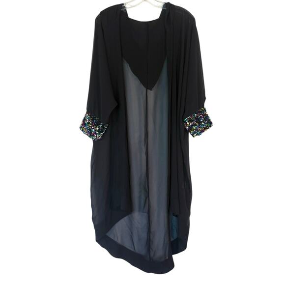Vintage Tops - Sheer Hooded Open Kimono Glitter Sequin Cuffs. Black. Fits Small-Large Festival
